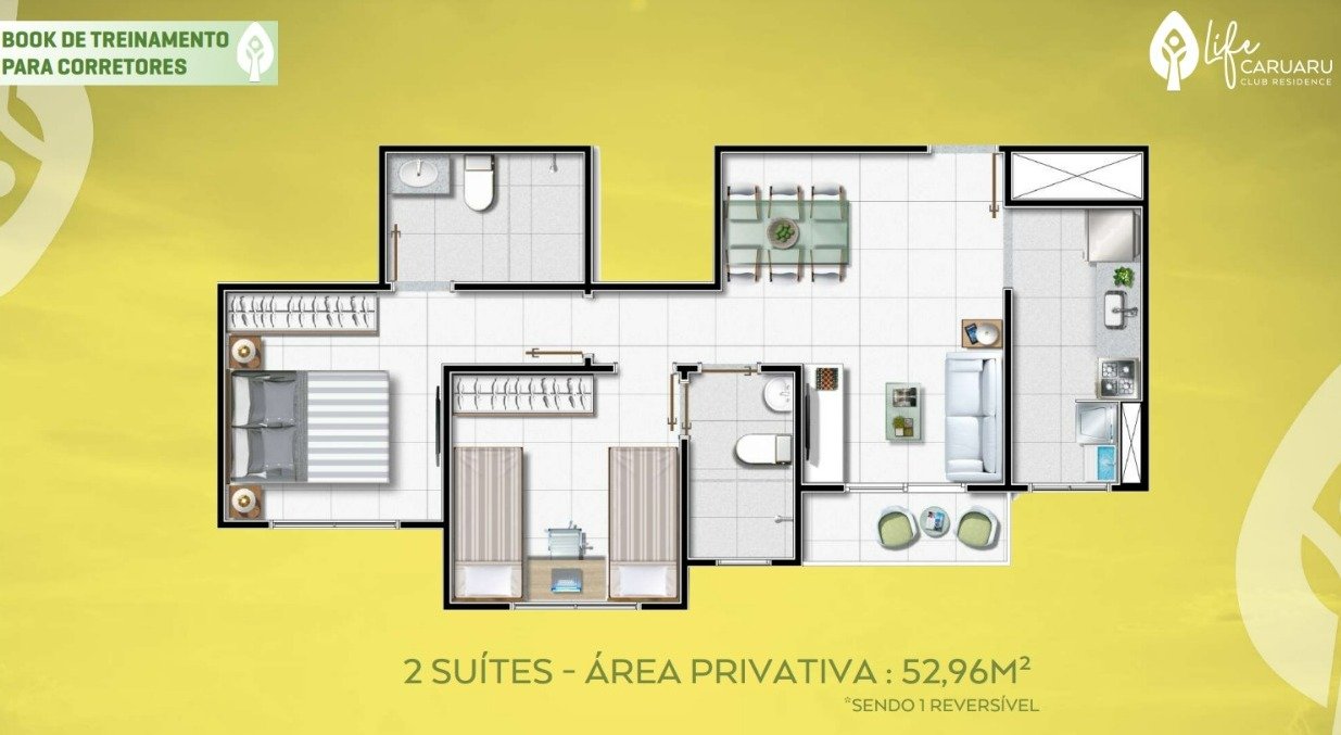 Planta baixa humanizada da tipologia 2 suítes do Life Caruaru