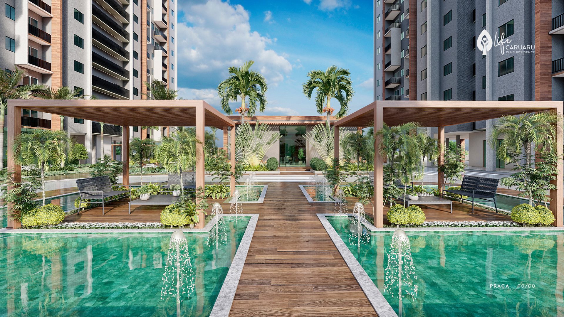 Praça central de convivência do Life Caruaru Club Residence
