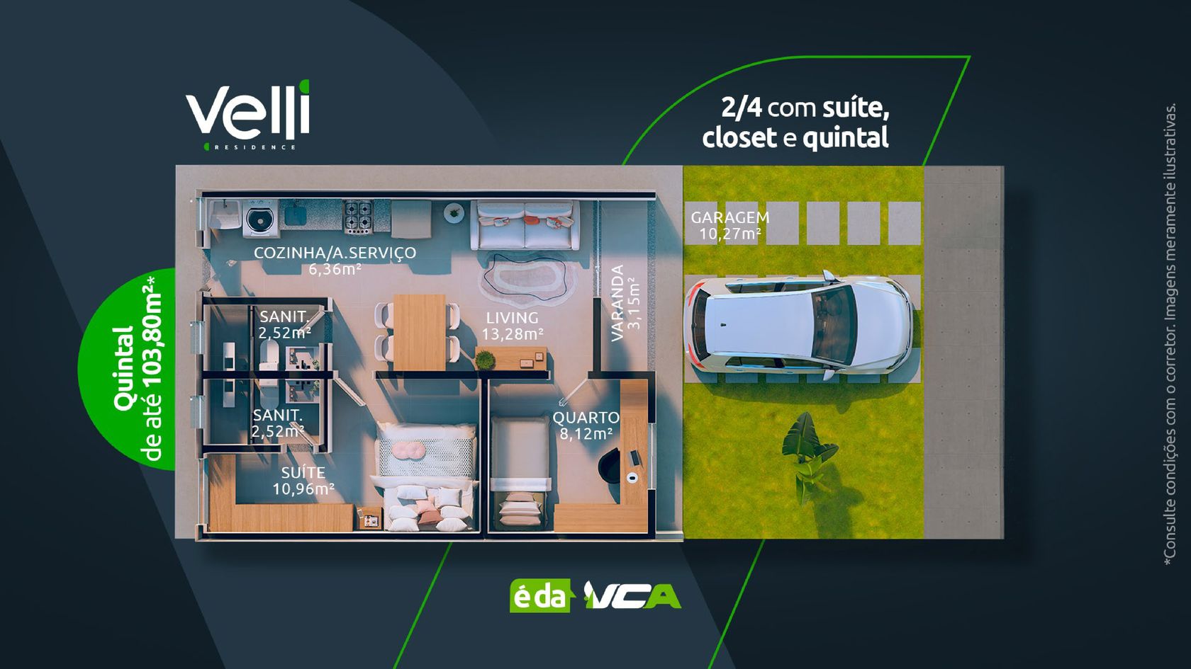 Planta baixa da casa 2 quartos com suíte, closet e quintal do Velli Residence