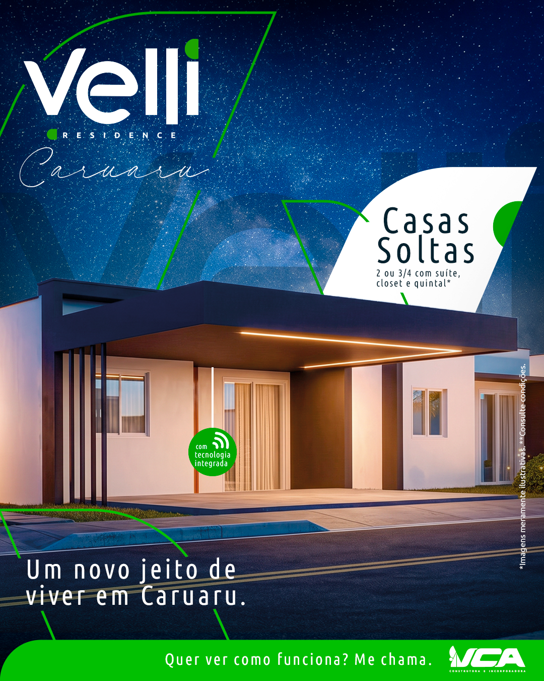 Fachada noturna das casas soltas do Velli Residence