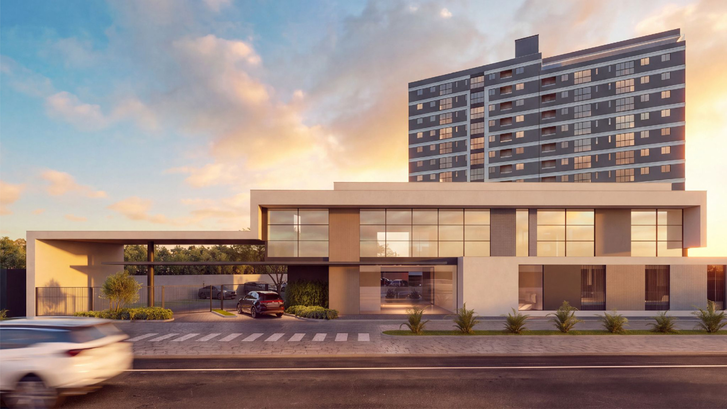 Fachada e portaria do Versatto Residencial em Caruaru
