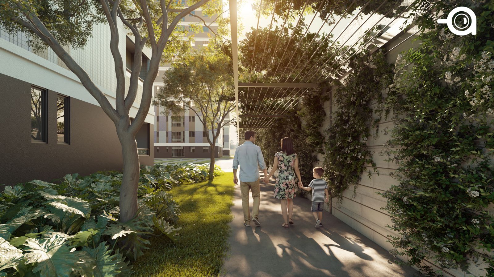Boulevard arborizado entre as torres do Versatto Residencial