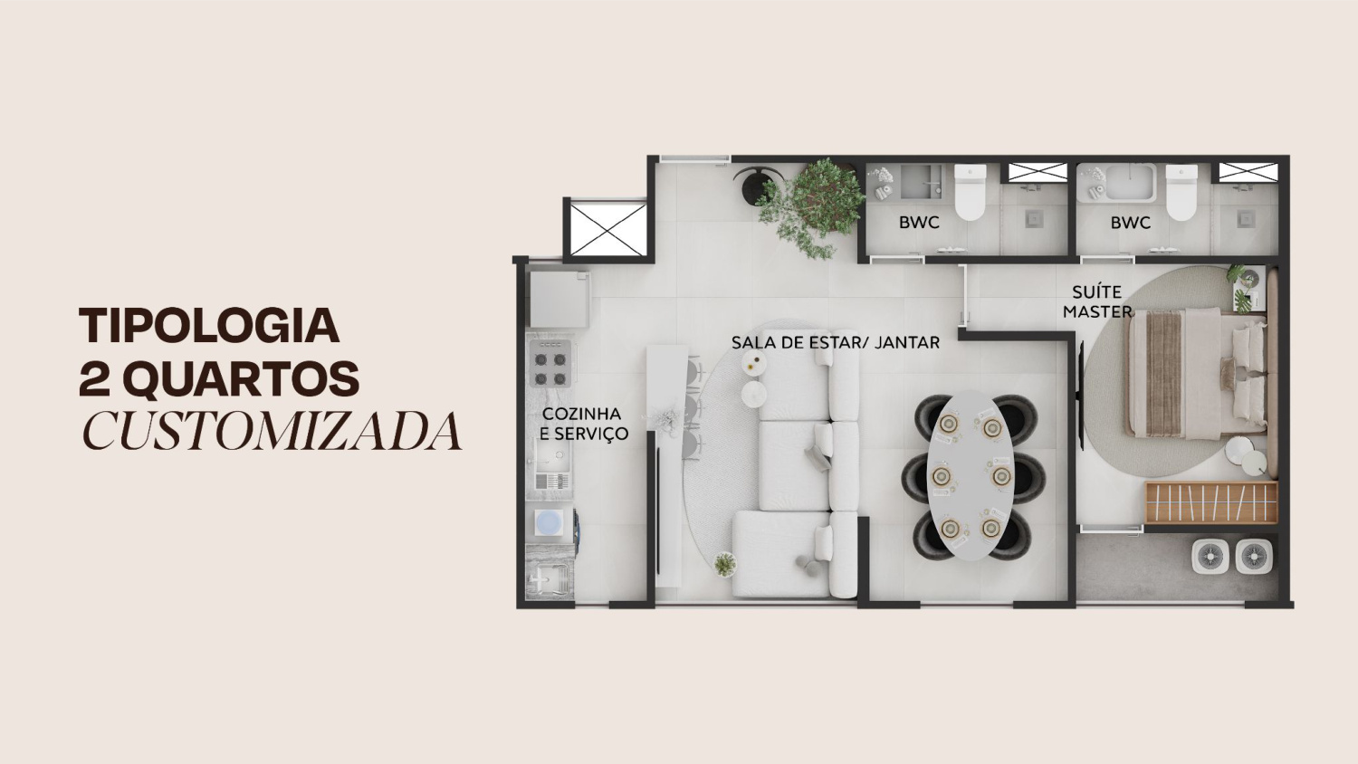 Planta humanizada do apartamento de 2 quartos do Versatto, assinada por Filipo Madeira