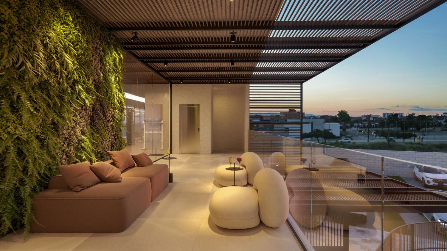 Deck com pergolado ao entardecer no rooftop do Versatto Residencial