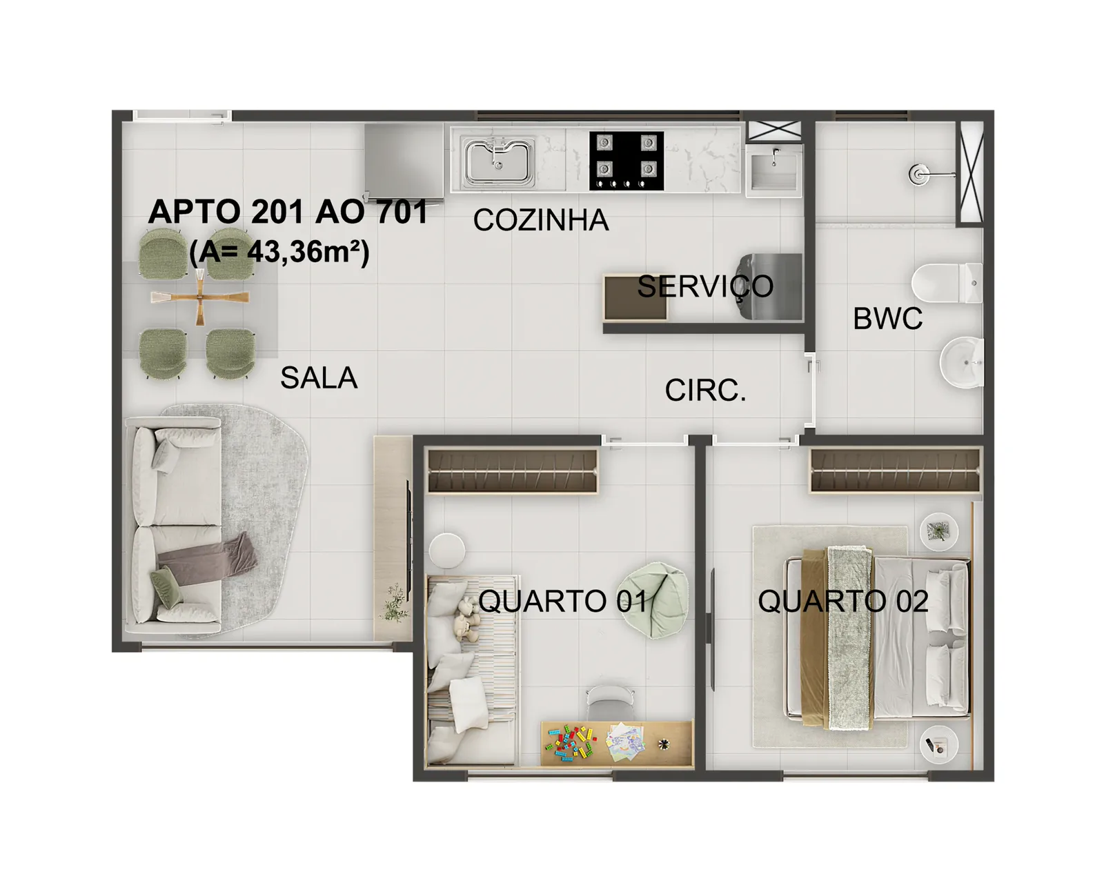 Planta baixa humanizada do apartamento Tipo A com suíte e varanda do Vila Gonzaga