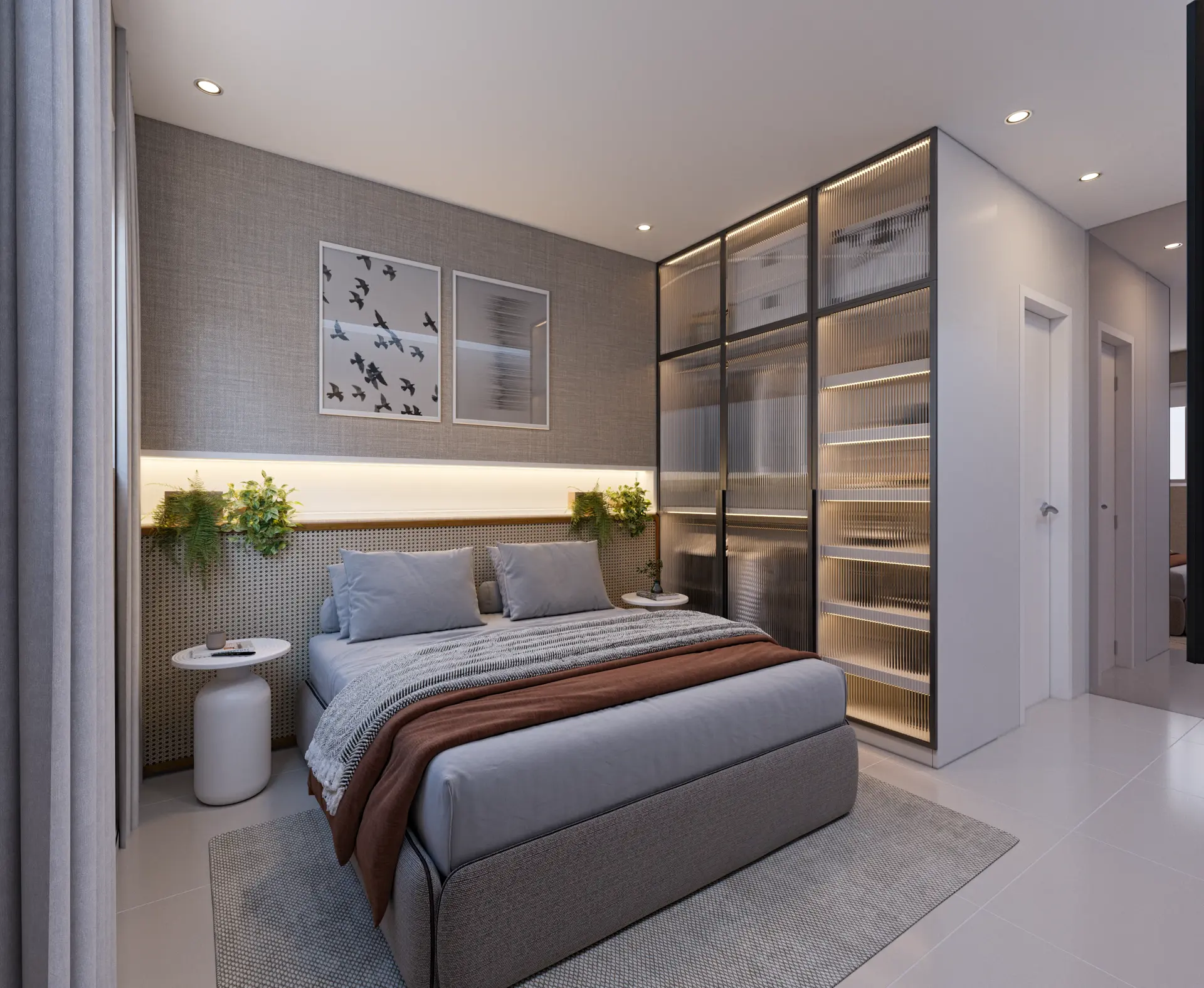Suíte de casal privativa e decorada de um apartamento Tipo A do Vila Gonzaga