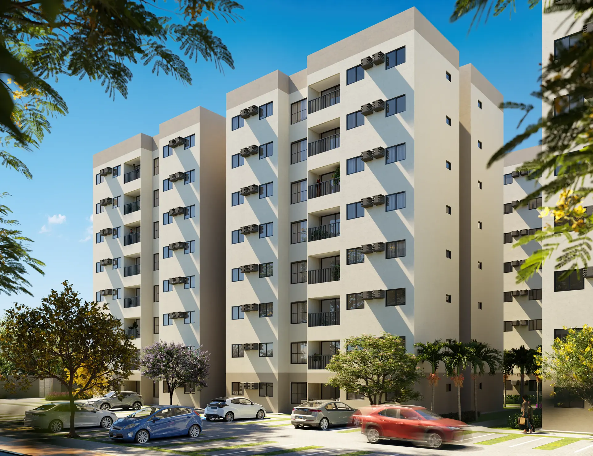 Fachada moderna das torres do Residencial Vila Gonzaga com jardins